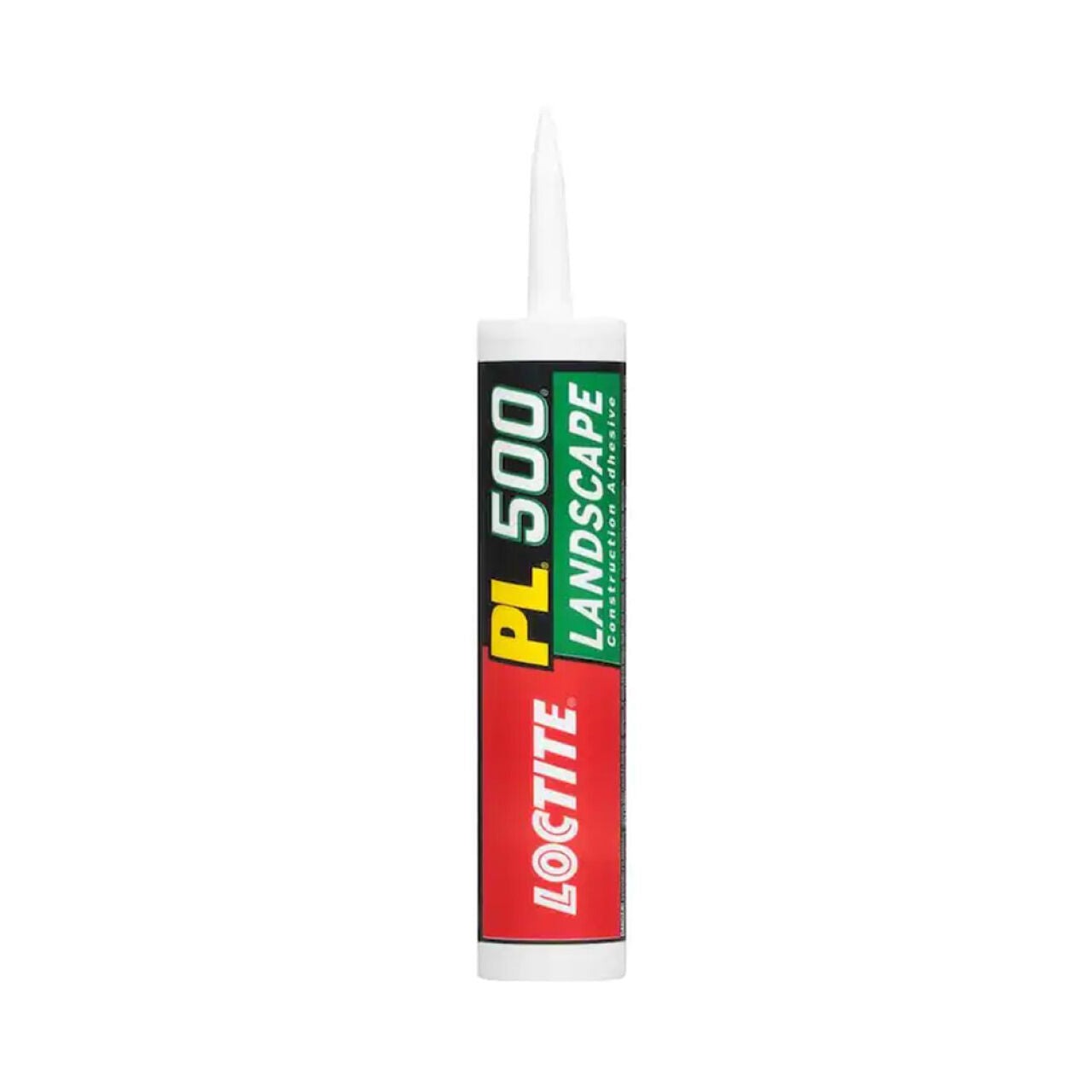 A 28 oz. tube of Go Build PL 500 Landscape Block Adhesive, The Fastest Way To Build, with multicolor labeling and white nozzle, displayed upright on a white background—perfect for outdoor landscaping projects.